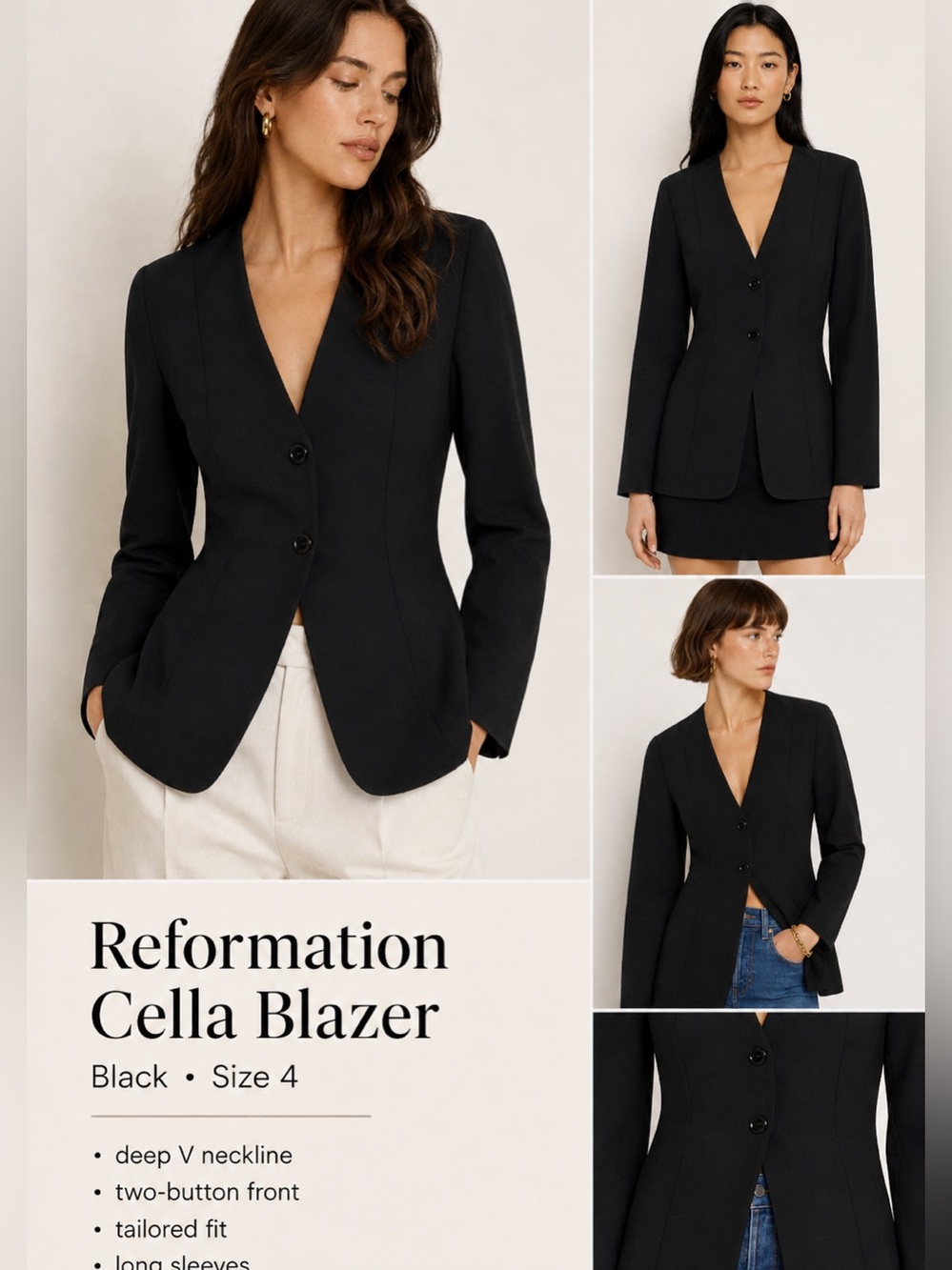 Reformation Cella Blazer Black Tailored Deep V Two-Button Jacket Size 4